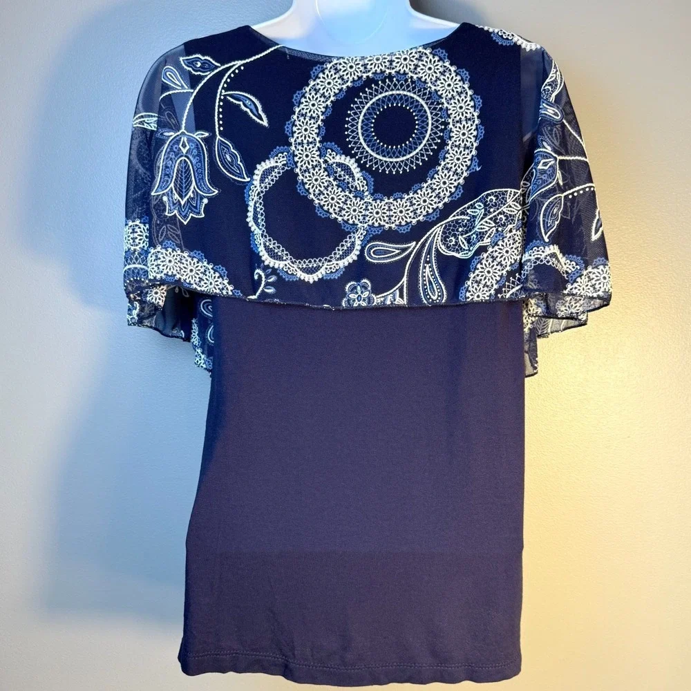 Espresso Navy Paisley Layered Blouse‎ Women's Small Asymmetrical Overlay Top